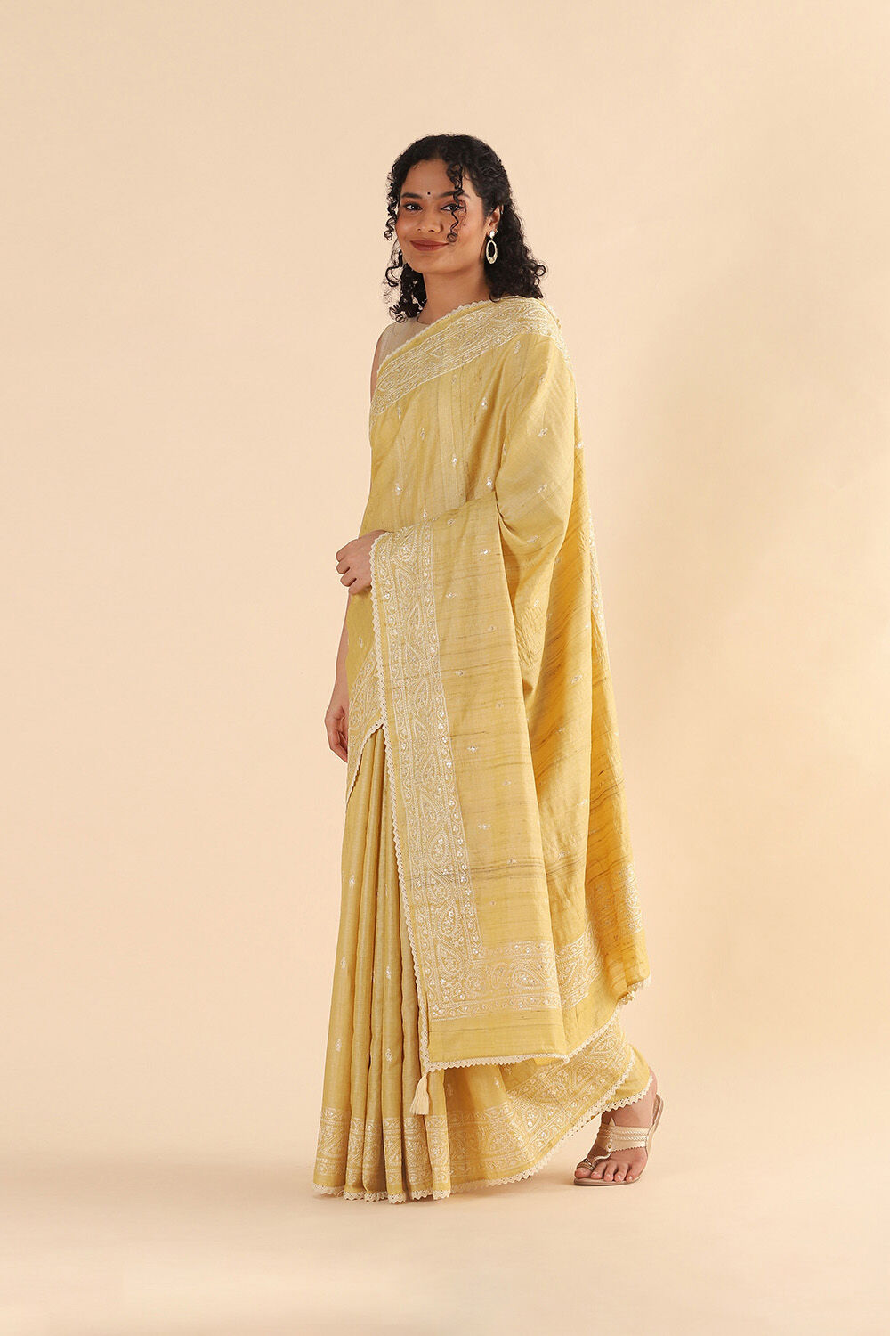 Yellow Pure Tussar Embroidered Saree image number null