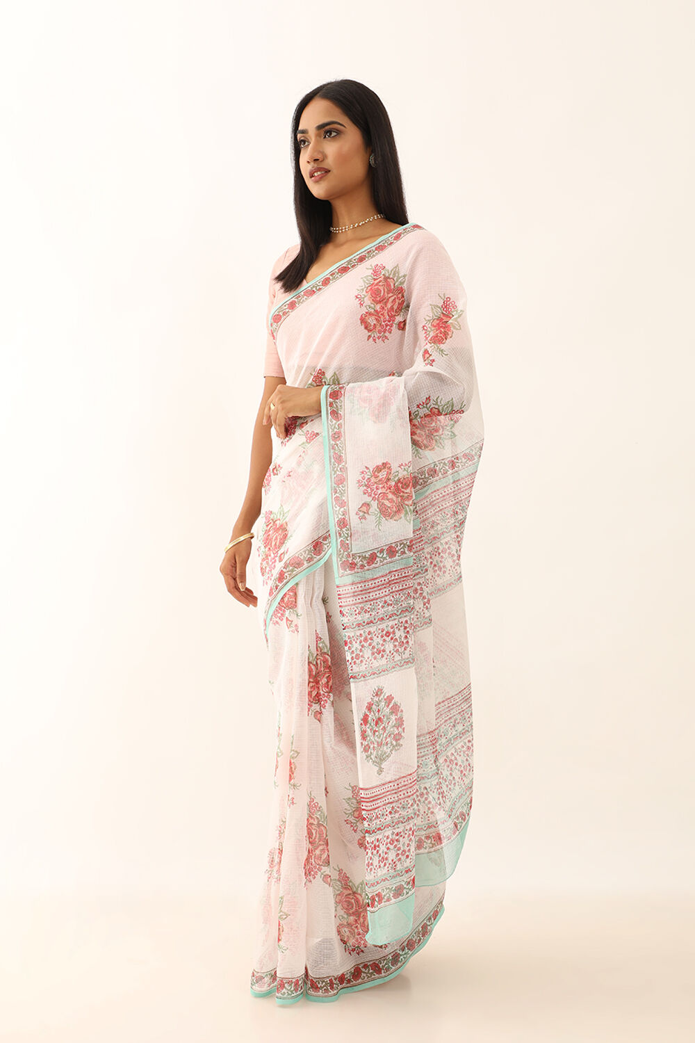 Off White Pure Kota Bagru Block Printed Saree image number null