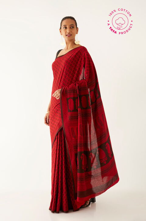 Red Pure Cotton Bagh Printed Saree