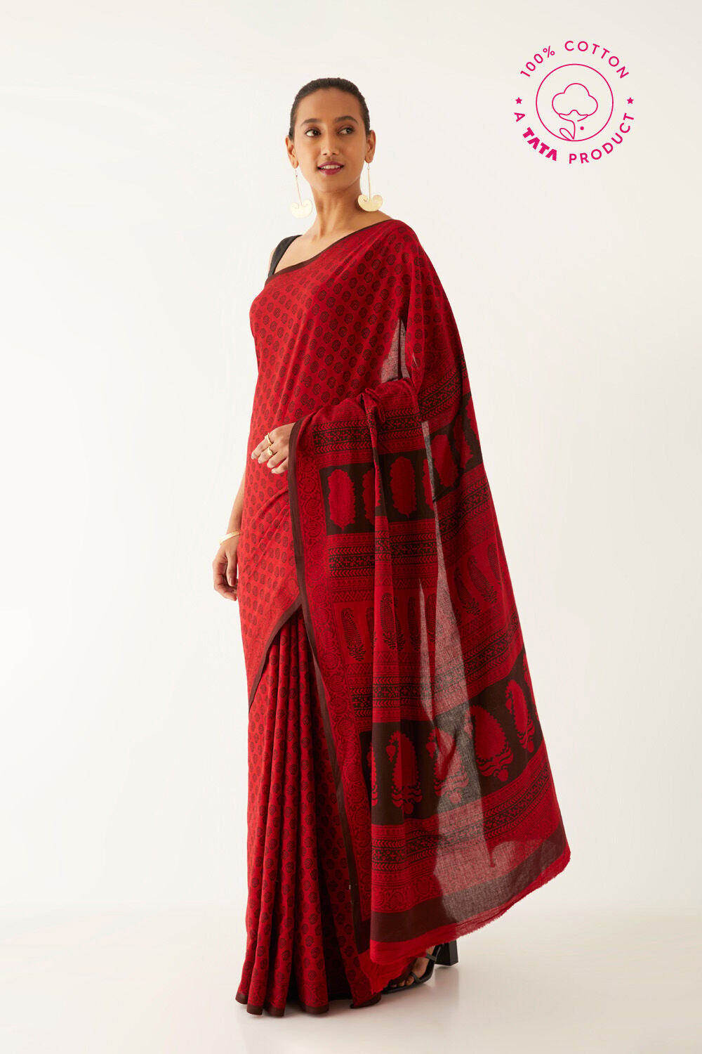 Red Pure Cotton Bagh Printed Saree image number null