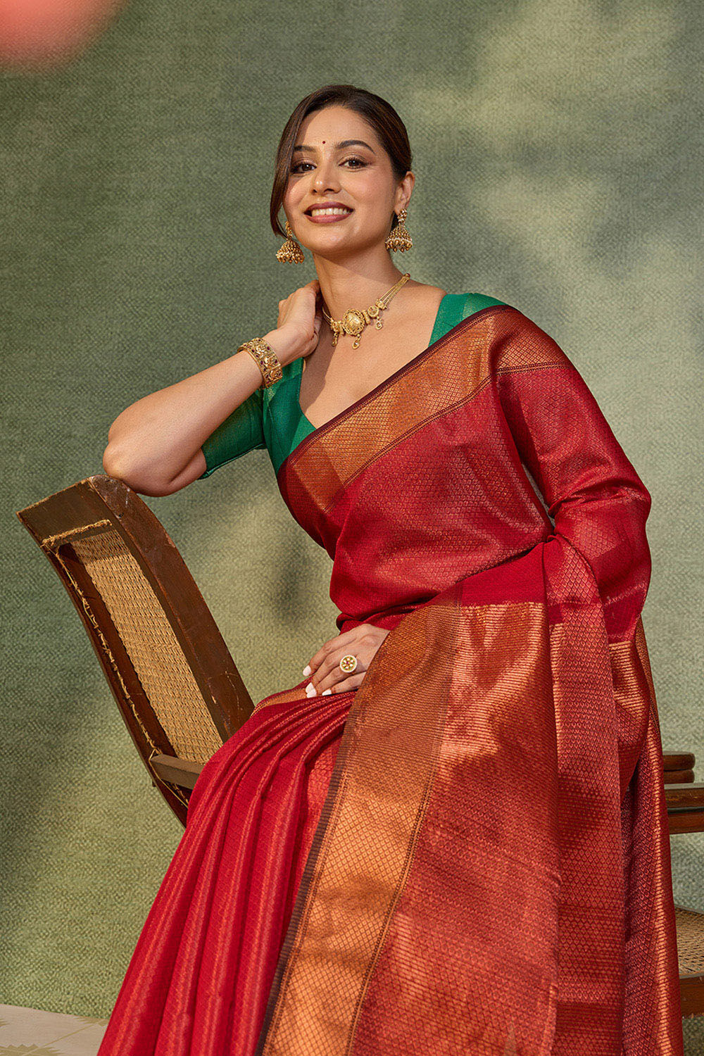 Red Brocade Pure Silk Cotton Maheshwari Saree image number null