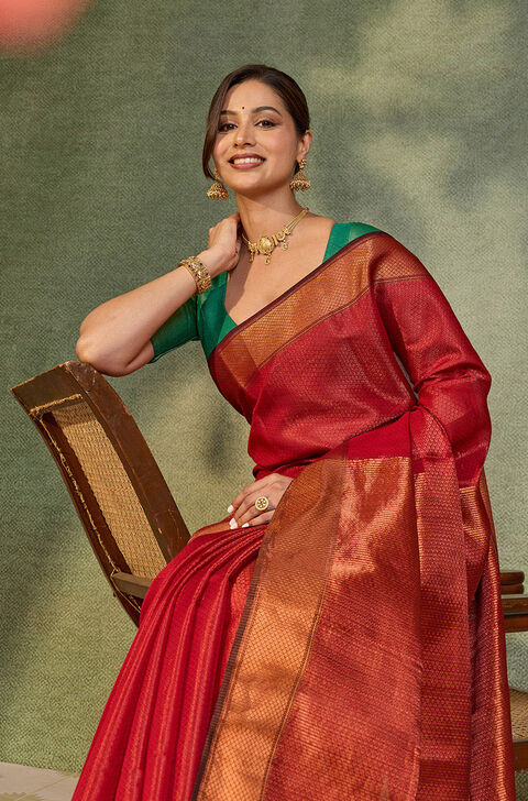 Red Brocade Pure Silk Cotton Maheshwari Saree