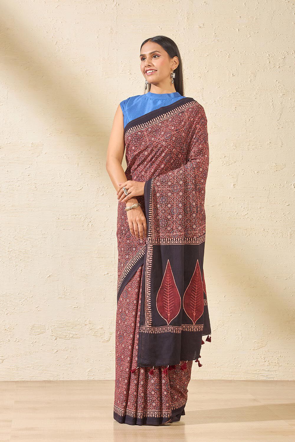 Dark Red Gujarat Pure Cotton Ajrakh Saree image number null