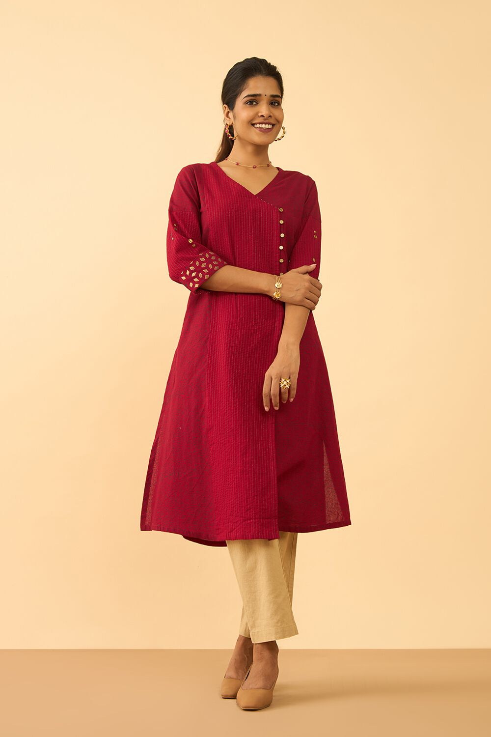 Dark Red Screen Printed Pure Cotton Kurta image number null