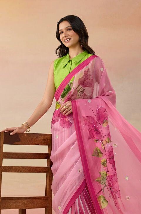 Pink Viscose Organza Embroidered Saree