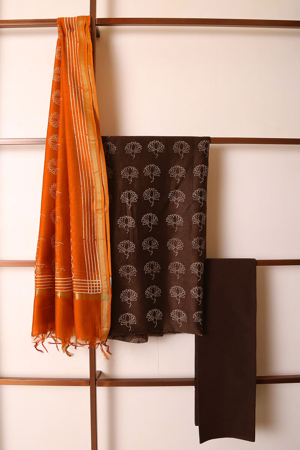 Brown Block Printed Pure Silk Cotton Suit Set image number null