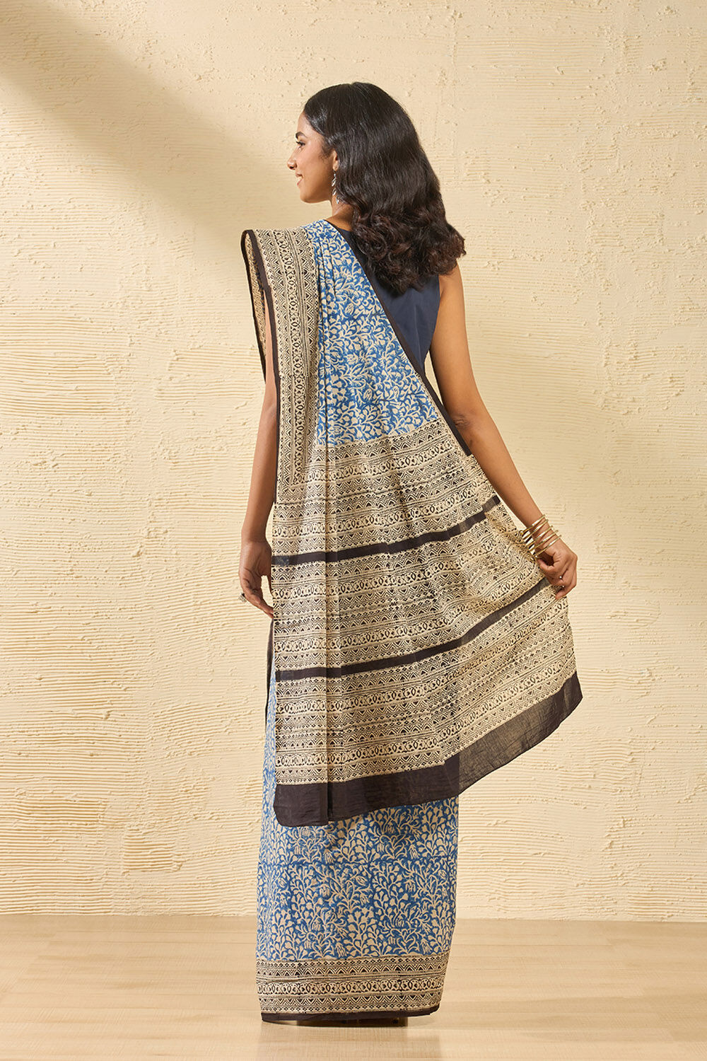 Blue Rajasthan Bagru Block Printed Pure Cotton Saree image number null