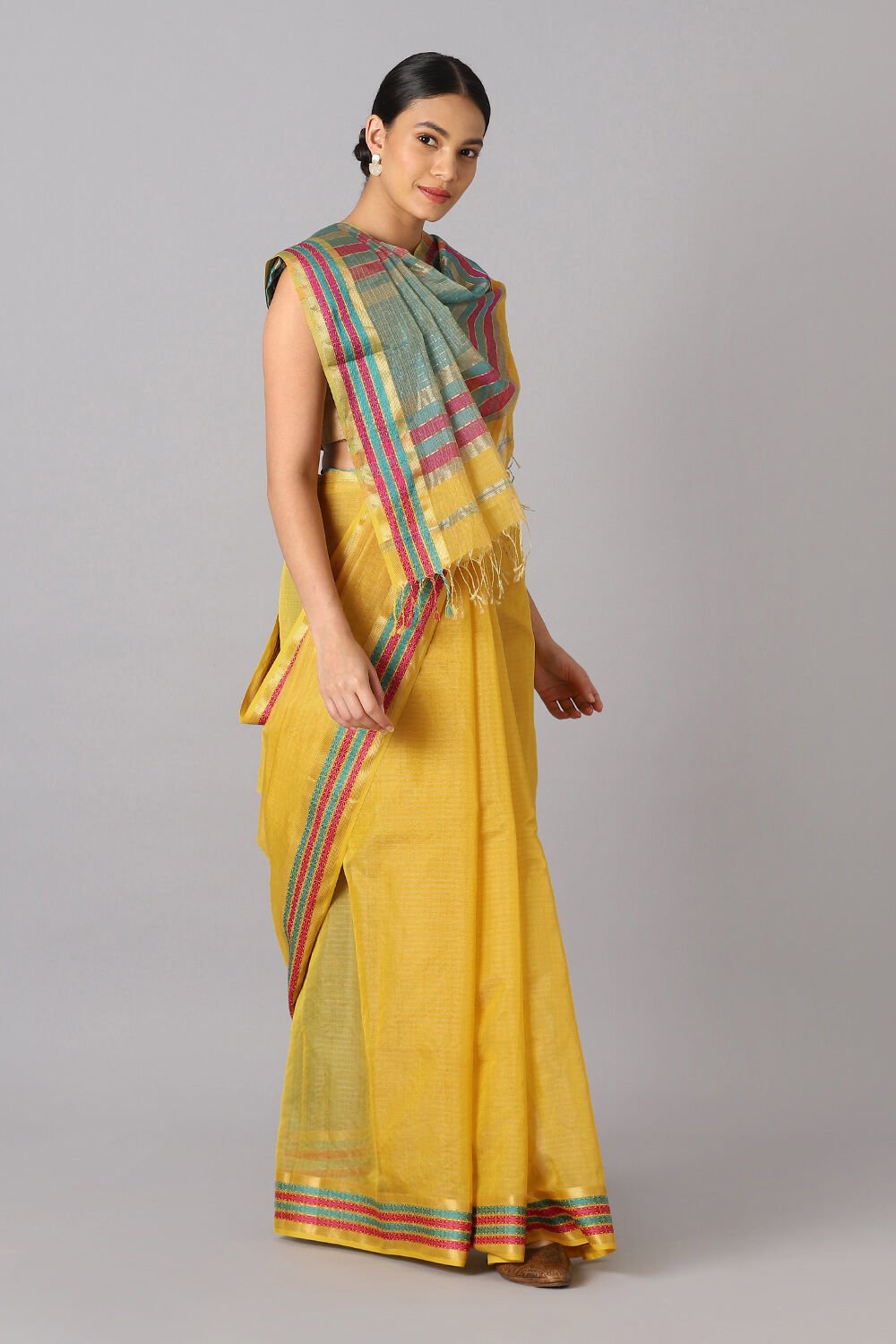 Yellow Pure Cotton Tissue Maheswari Saree image number null