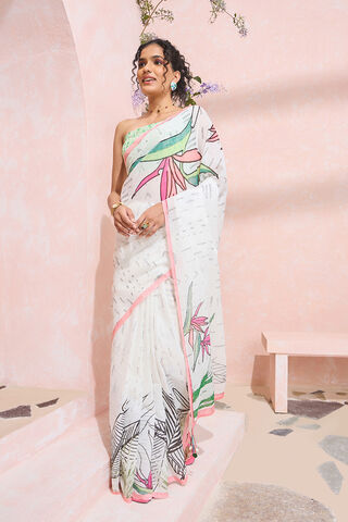 Off White Printed Pure Cotton Bengal Saree