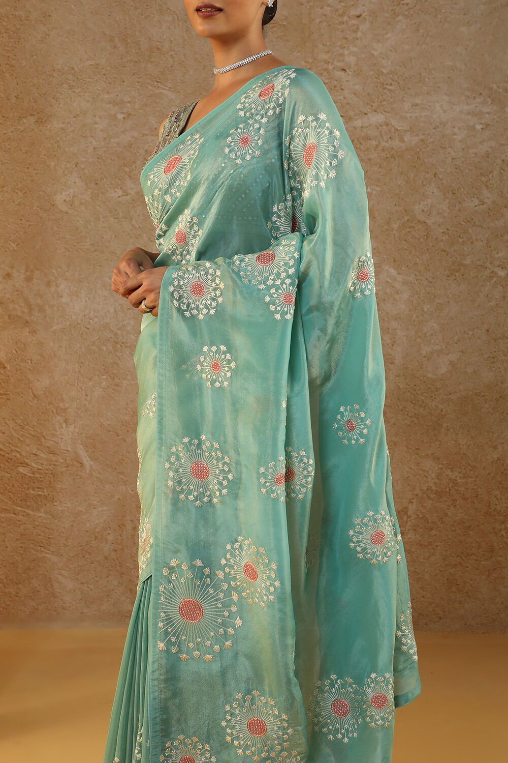 Blue Embroidered Viscose Tissue Saree image number null