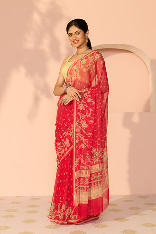 Red Screen Printed Viscose Chiffon Saree thumbnail image number null
