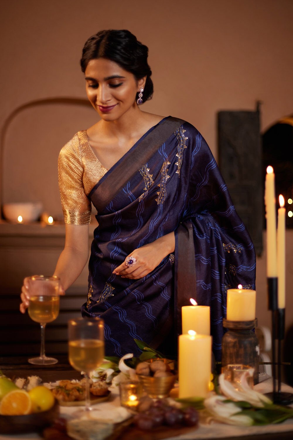 Dark Blue Contemporary Pure Tussar Silk Hand Painted Saree image number null