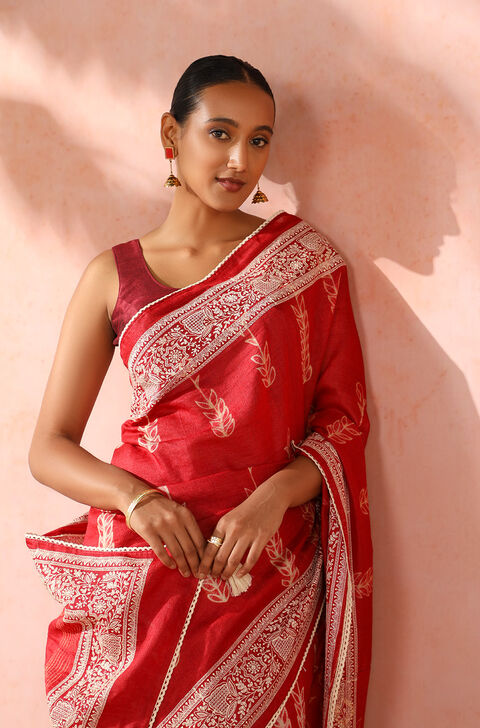 Red Contemporary Tussar Muga Shibori Saree