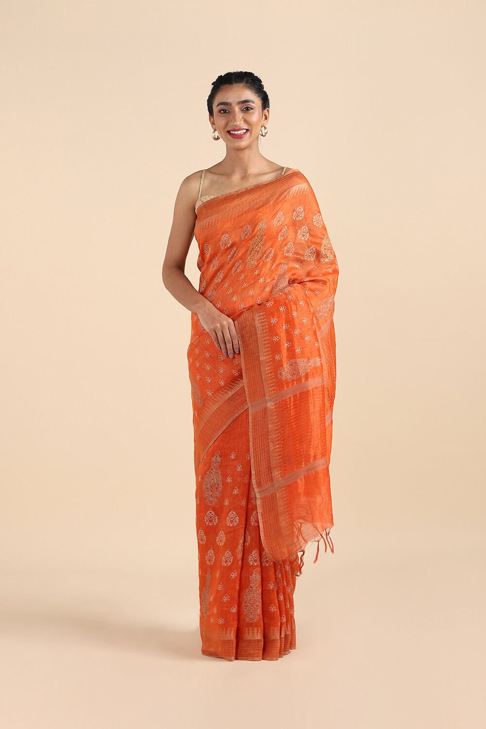 Dark Orange Pure Silk Linen Embroidered Saree image number null