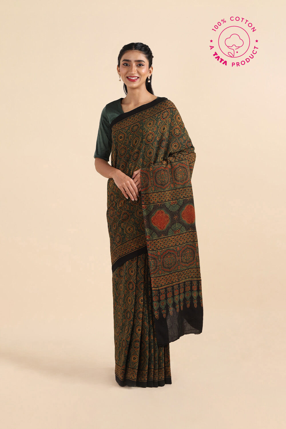 Green Pure Cotton Ajrakh Printed Saree image number null