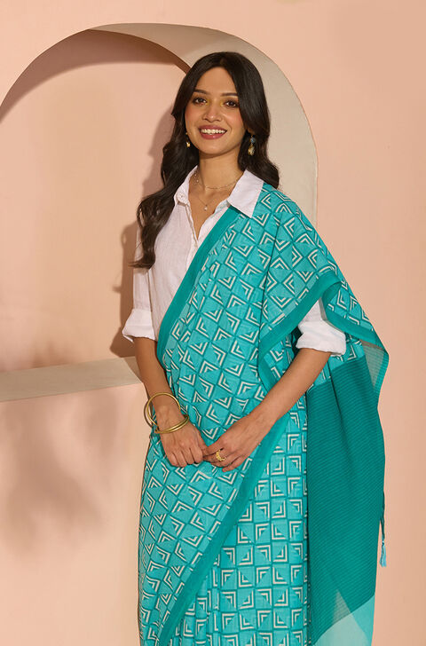 Blue Bengal Screen Printed Pure Cotton Mulmul Saree