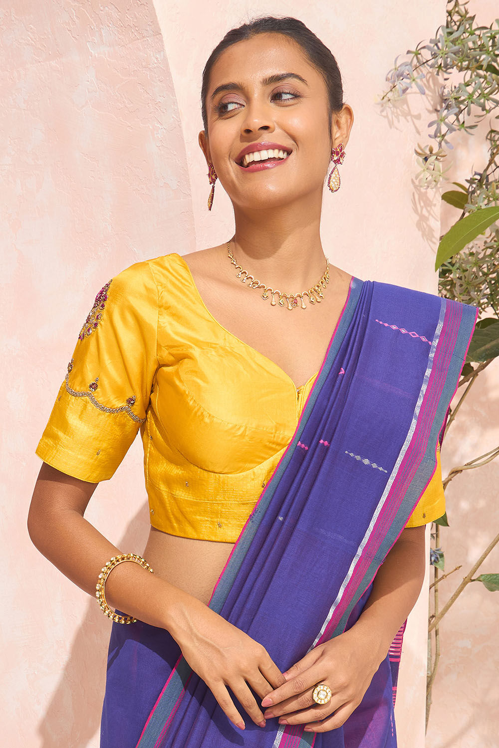 Yellow Pure Silk Embroidered Blouse image number null