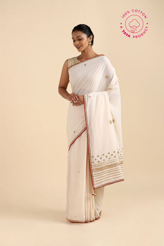 Off White Pure Cotton Embroidered Saree