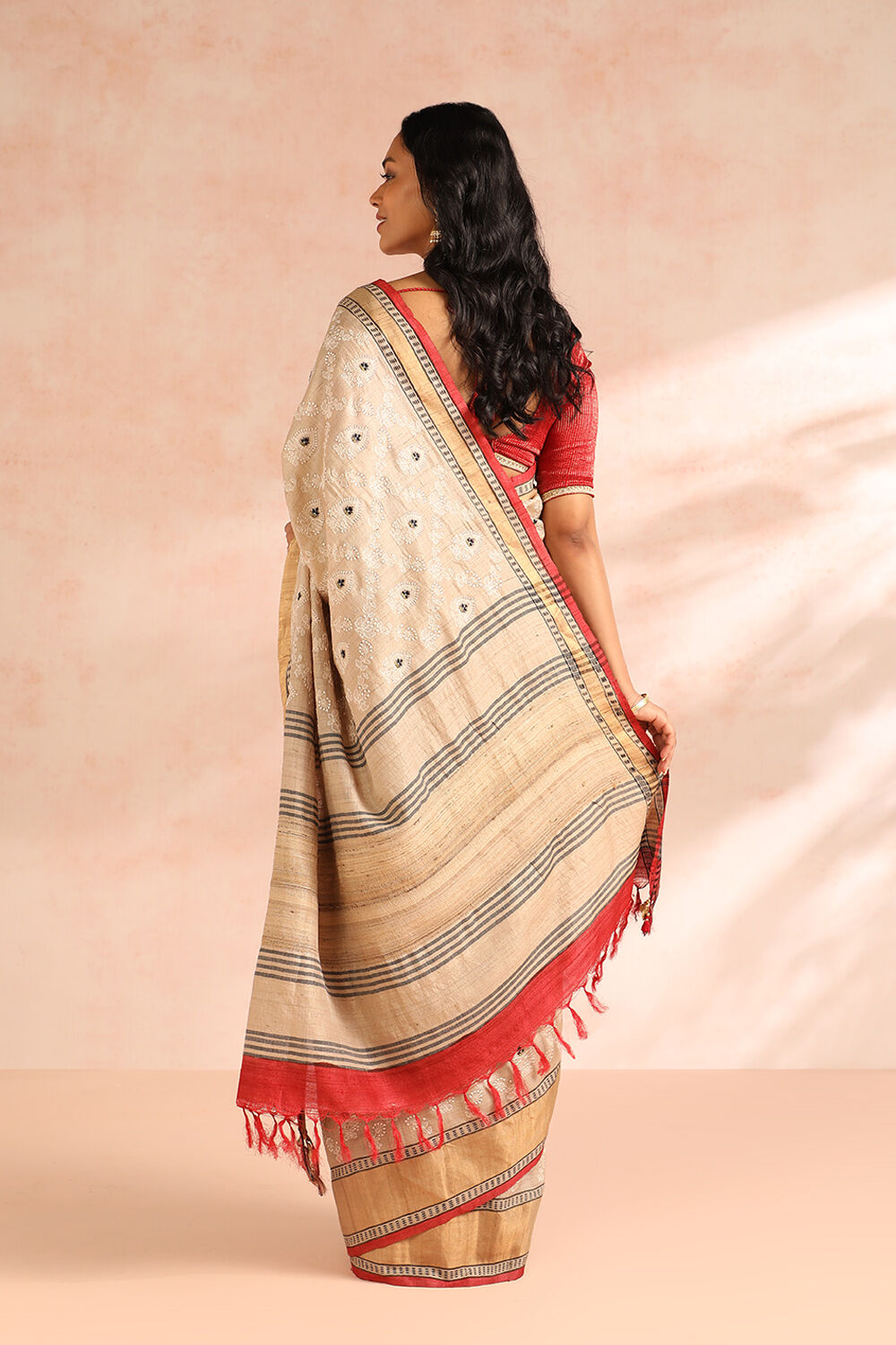 Beige Pure Tussar Silk Embroidery Saree image number null