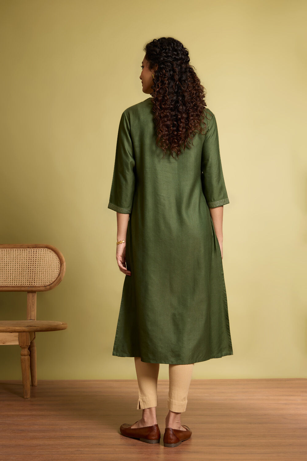 Dark Green Silk Viscose Embroidered Kurta image number null