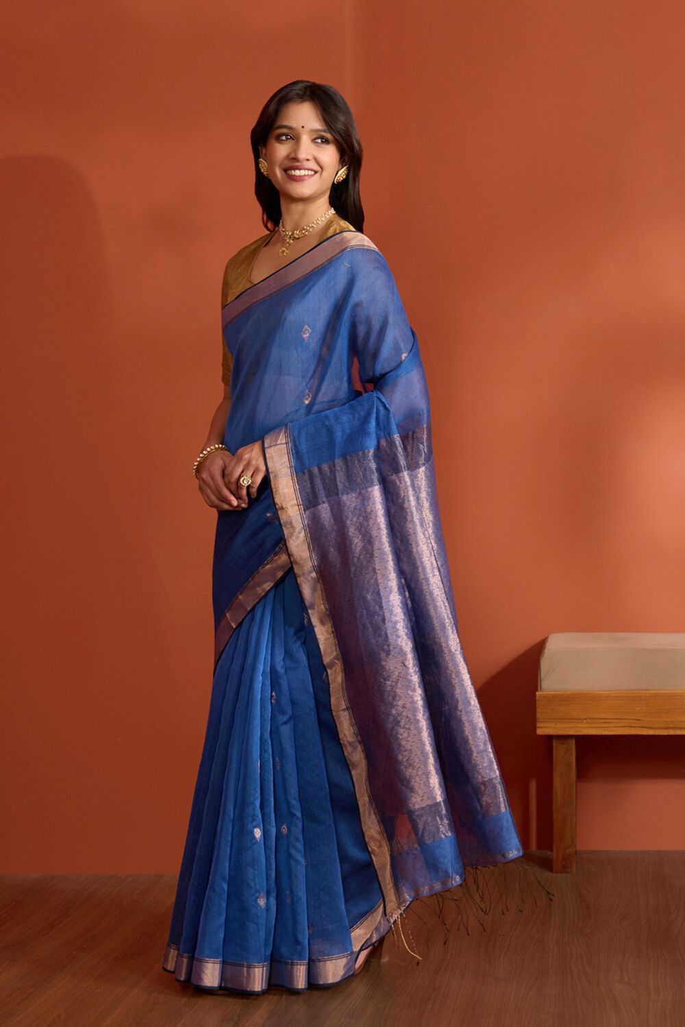 Dark Blue Pure Silk Cotton Bengal Woven Saree image number null
