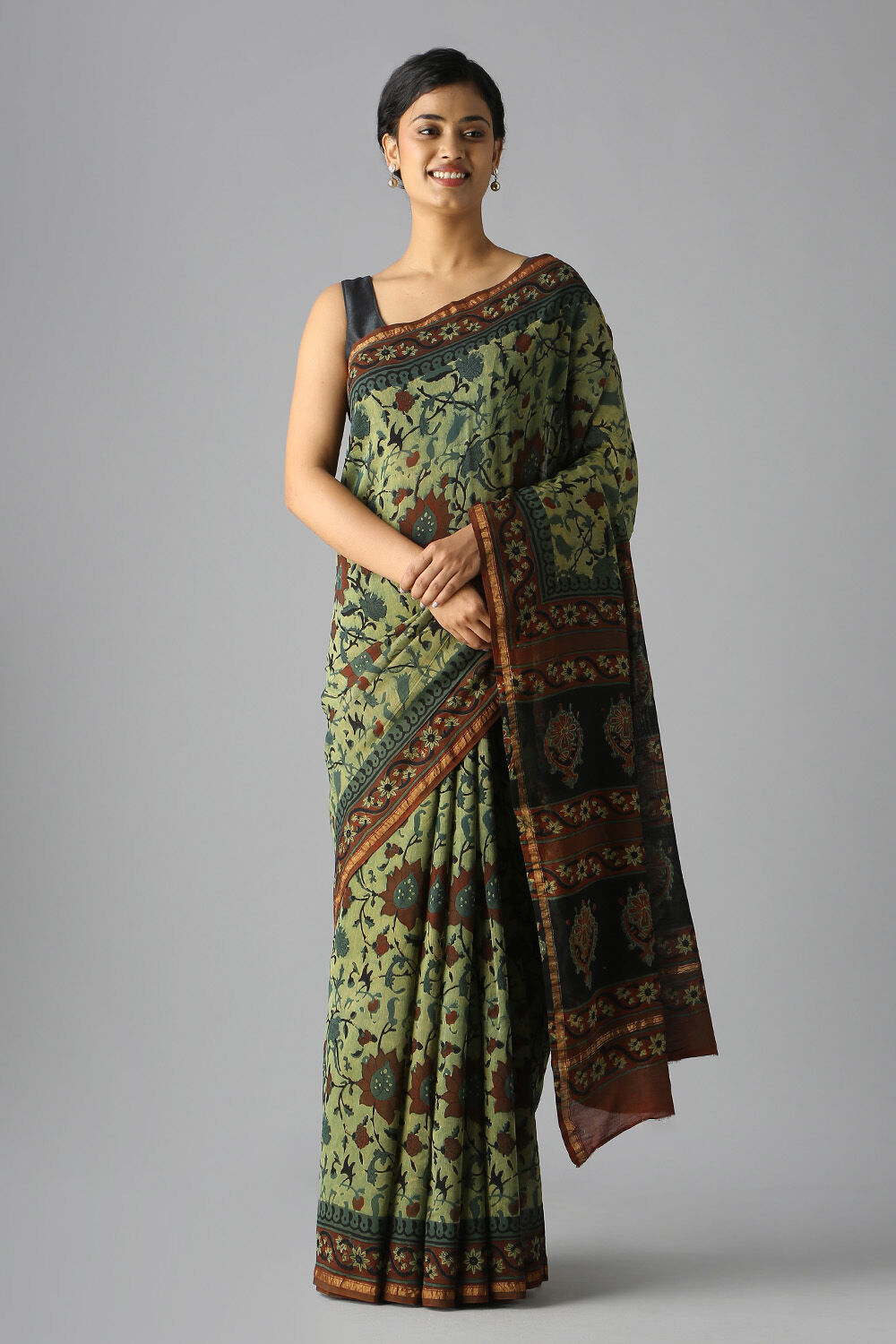 Light Green Pure Silk Cotton Bagru Printed Saree image number null
