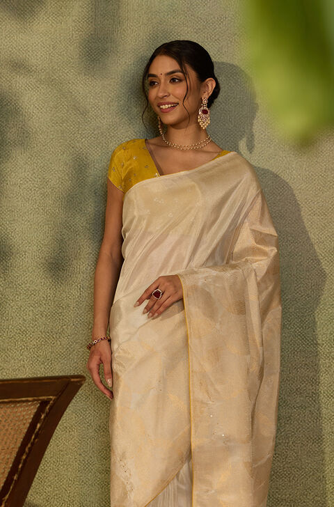 Off White Viscose Tissue Printed Embroidered Saree