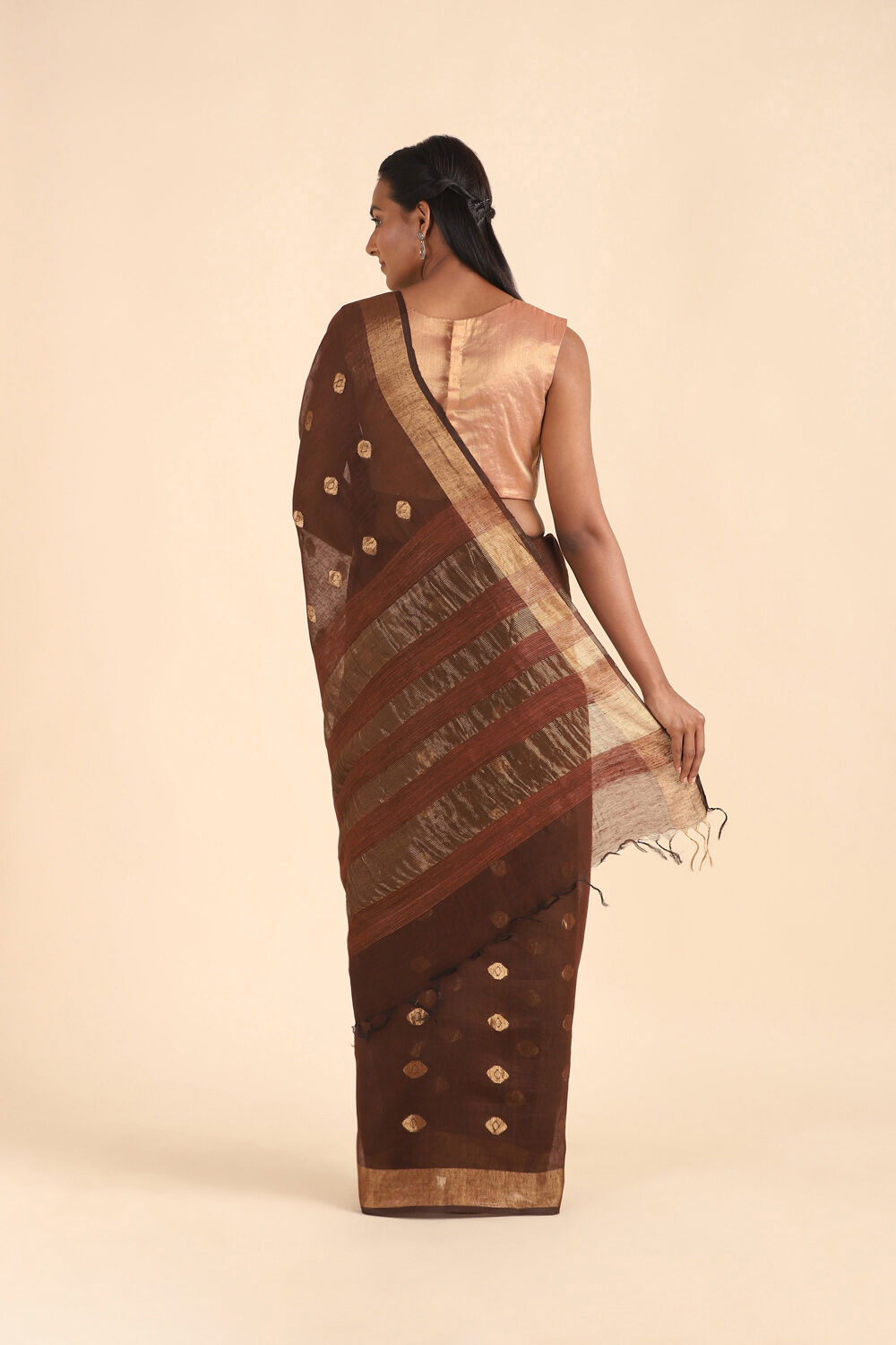 Brown Pure Silk Linen Bengal Saree image number null
