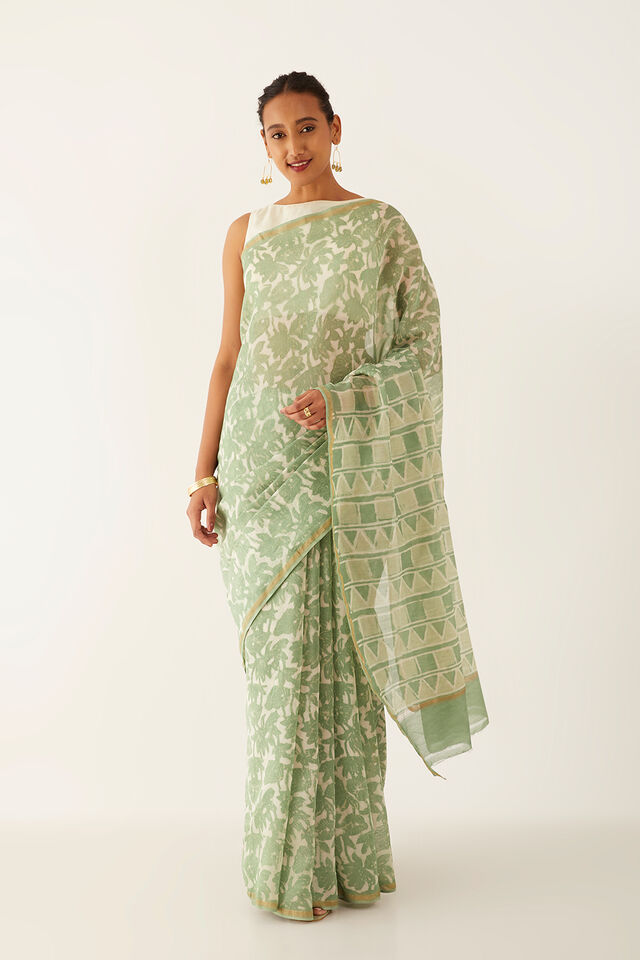 Light Green Pure Silk Cotton Dabu Block Printed Saree