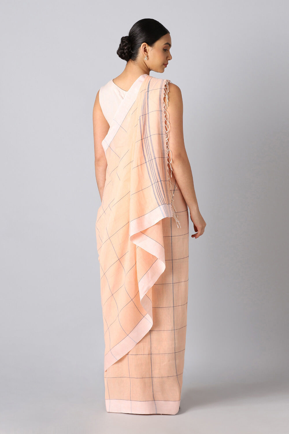 Light Orange Pure Cotton Linen Bengal Saree image number null