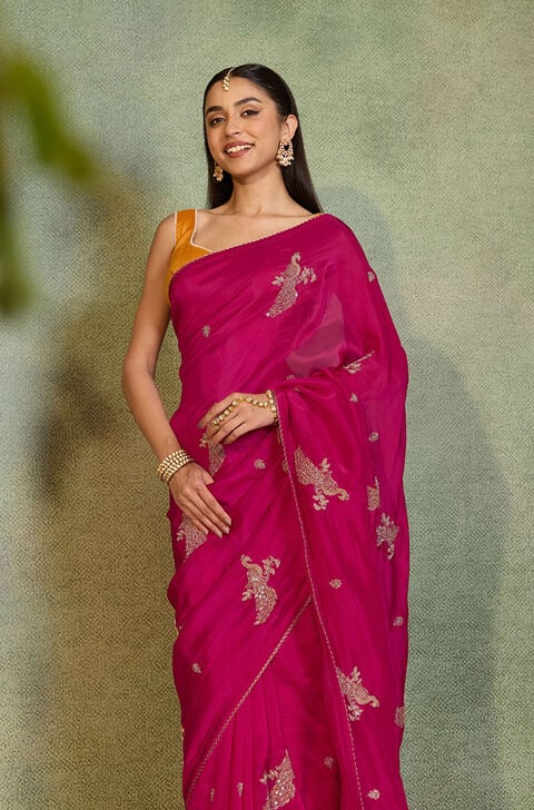 Pink   Pure Viscose Embroidered Saree