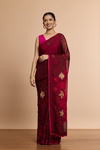 Dark Red Printed Embroidered Viscose Organza Saree thumbnail image number null