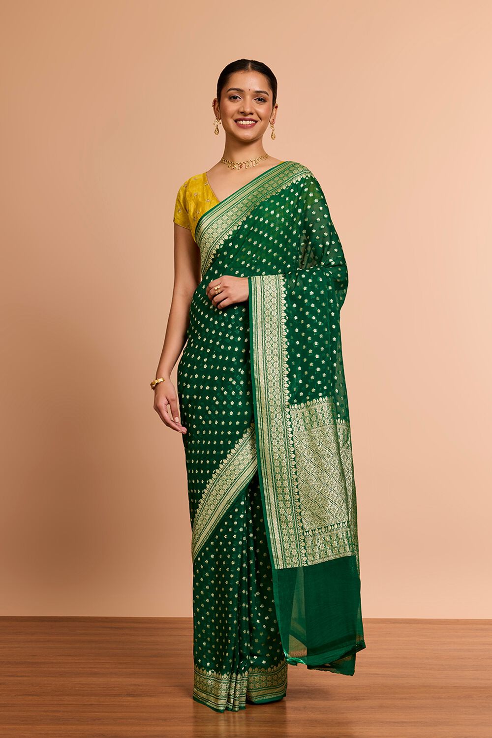 Dark Green Pure Silk Georgette Cutwork Banaras Saree image number null