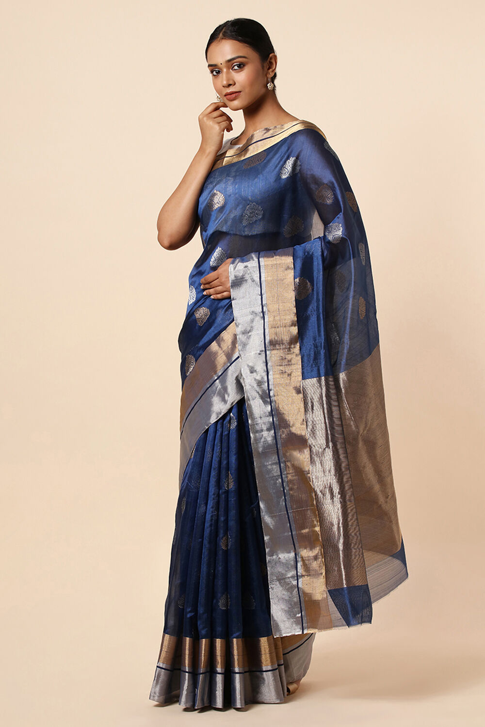 Dark Blue Pure Silk Chanderi Saree image number null