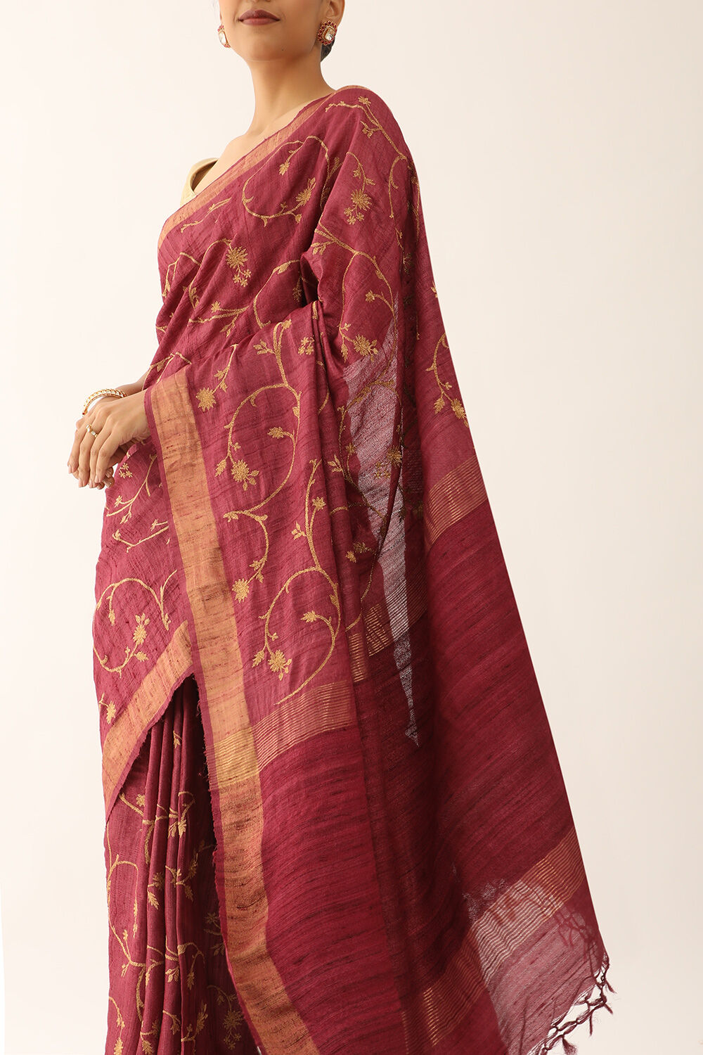 Dark Pink Pure Tissue Tussar Embroidered Saree image number null