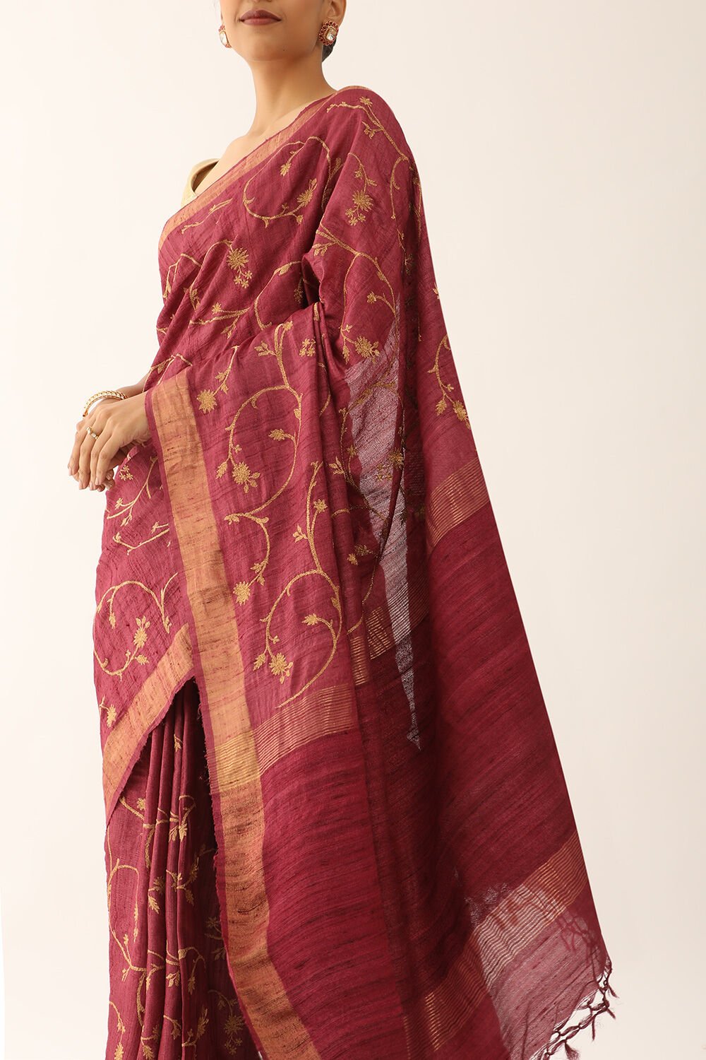 Dark Pink Pure Tissue Tussar Embroidered Saree image number null