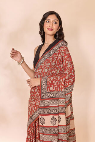 Dark Red Rajasthan Block Printed Pure Cotton Saree image number