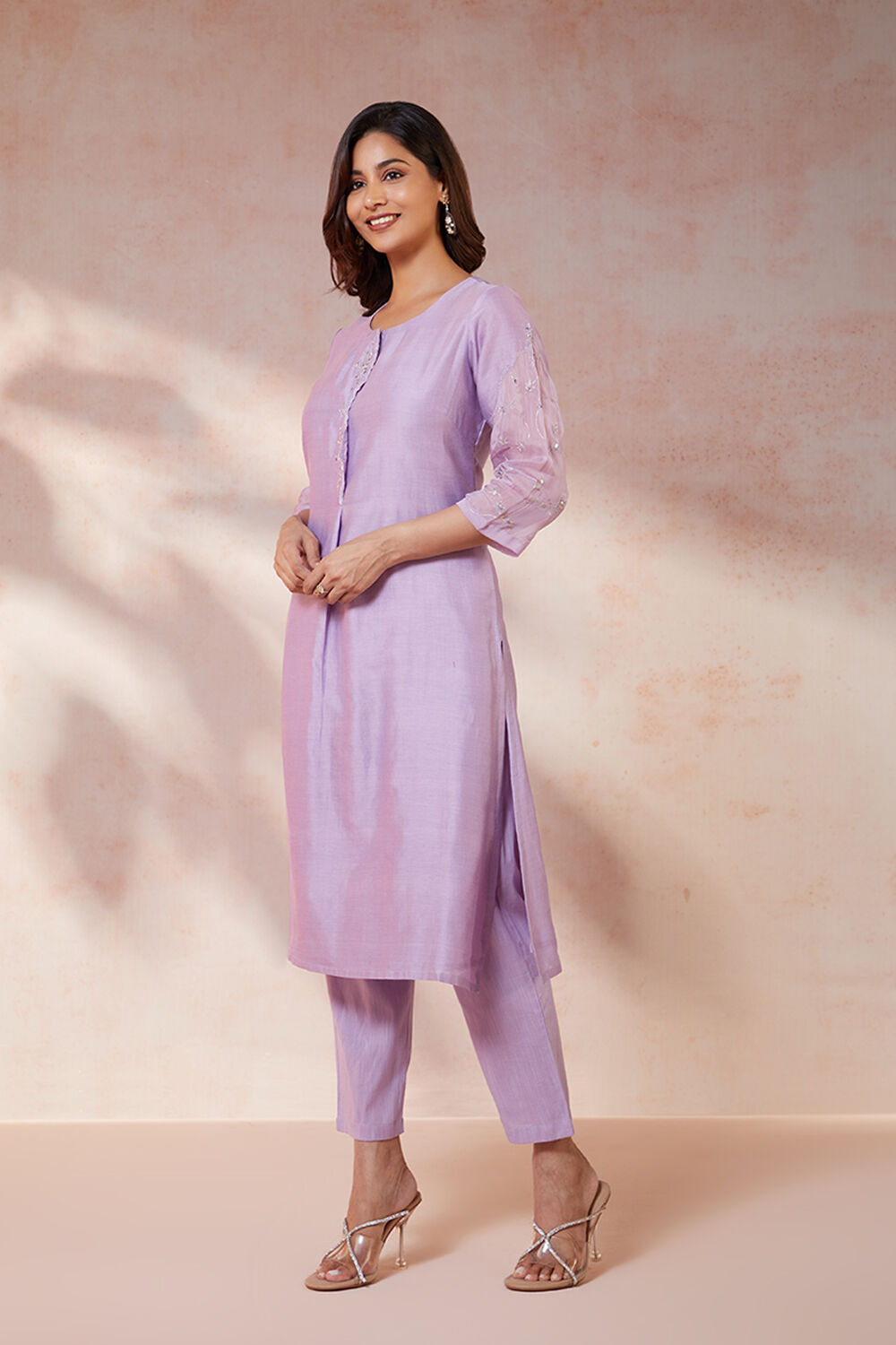Violet Pure Silk Cotton Embroidered Kurta Set image number null