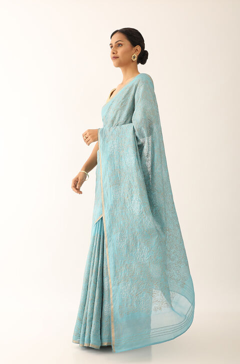 Blue Contemporary Pure Tussar Silk Embroidery Saree