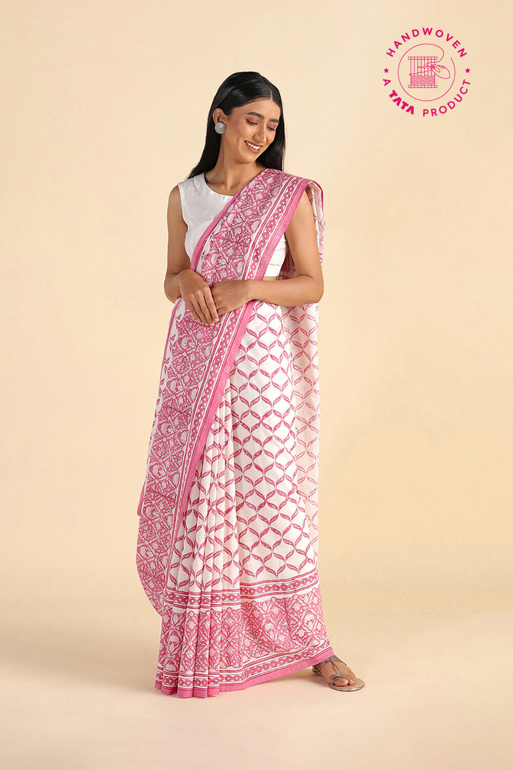 Light Pink Pure Khadi Cotton Block Print Sanganeri Saree image number null