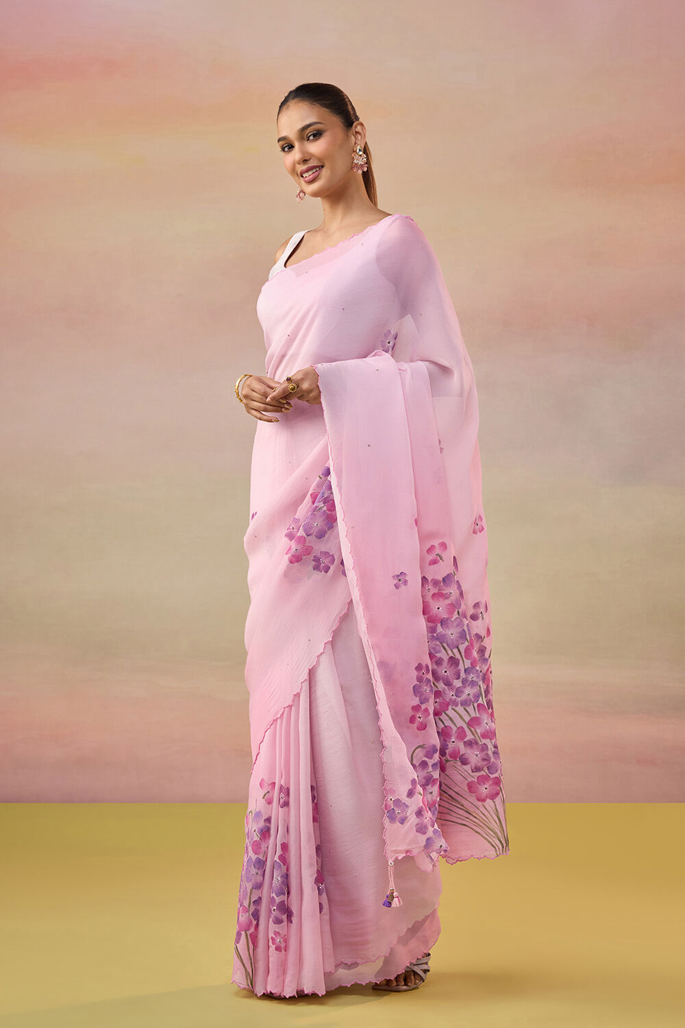 Pink Hand Painted Embroidered Viscose Organza Bengal Saree image number null