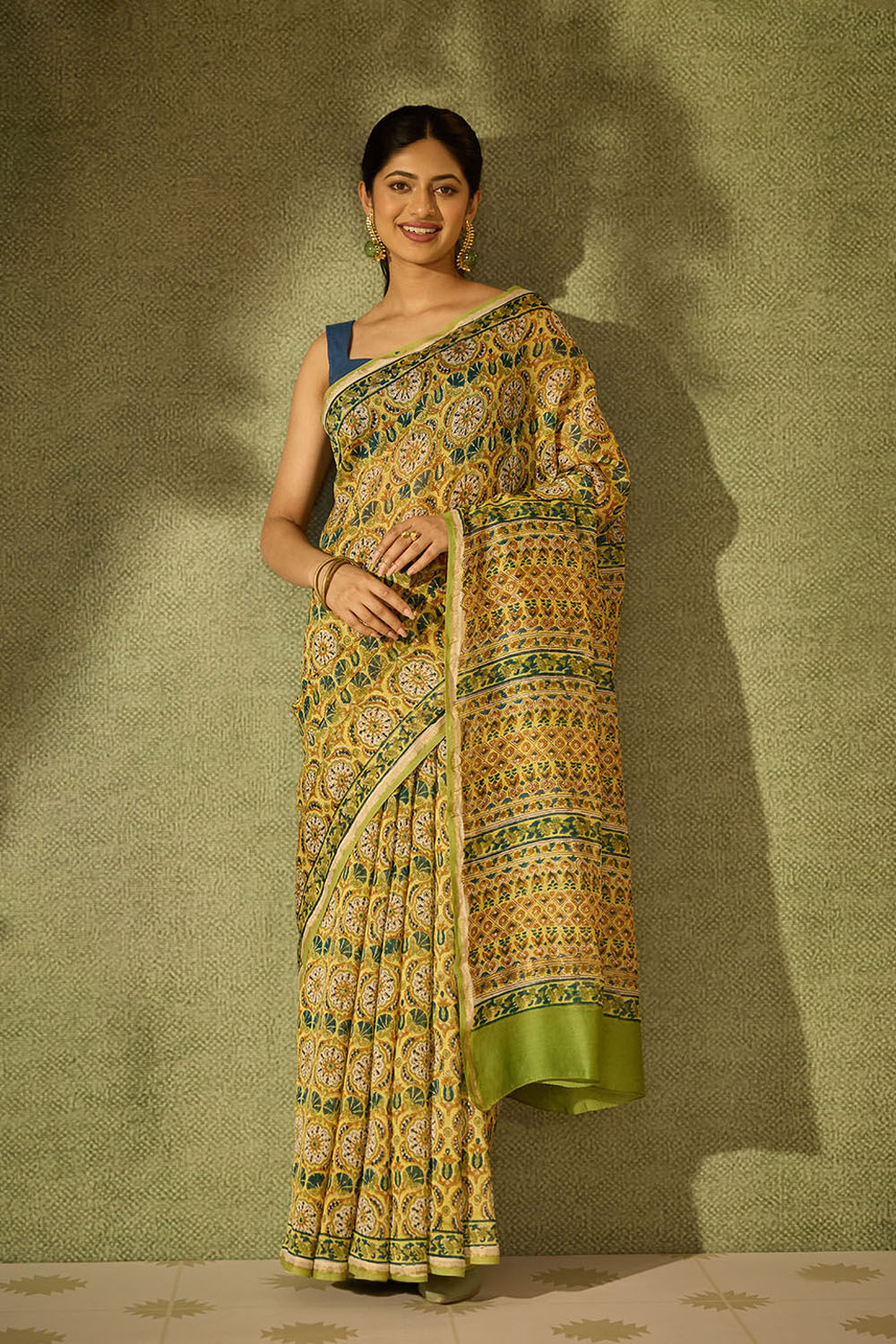 Yellow Rajasthan Pure Silk Cotton Printed Sanganeri Saree image number null
