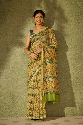 Yellow Rajasthan Pure Silk Cotton Printed Sanganeri Saree image number