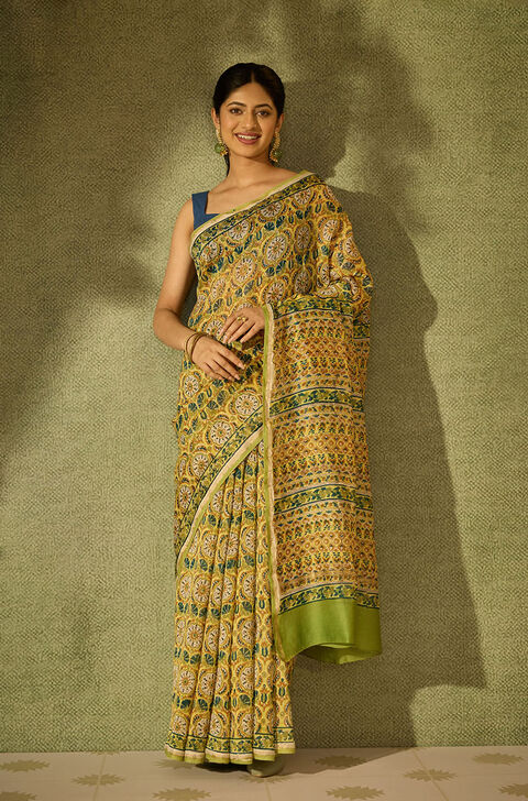Yellow Rajasthan Pure Silk Cotton Printed Sanganeri Saree