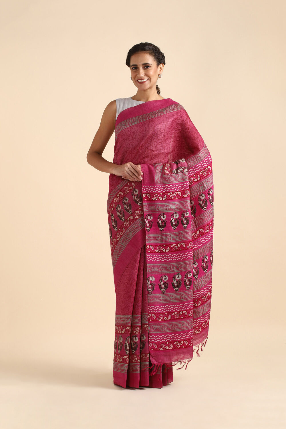 Dark Pure Pink Tussar Printed Saree image number null