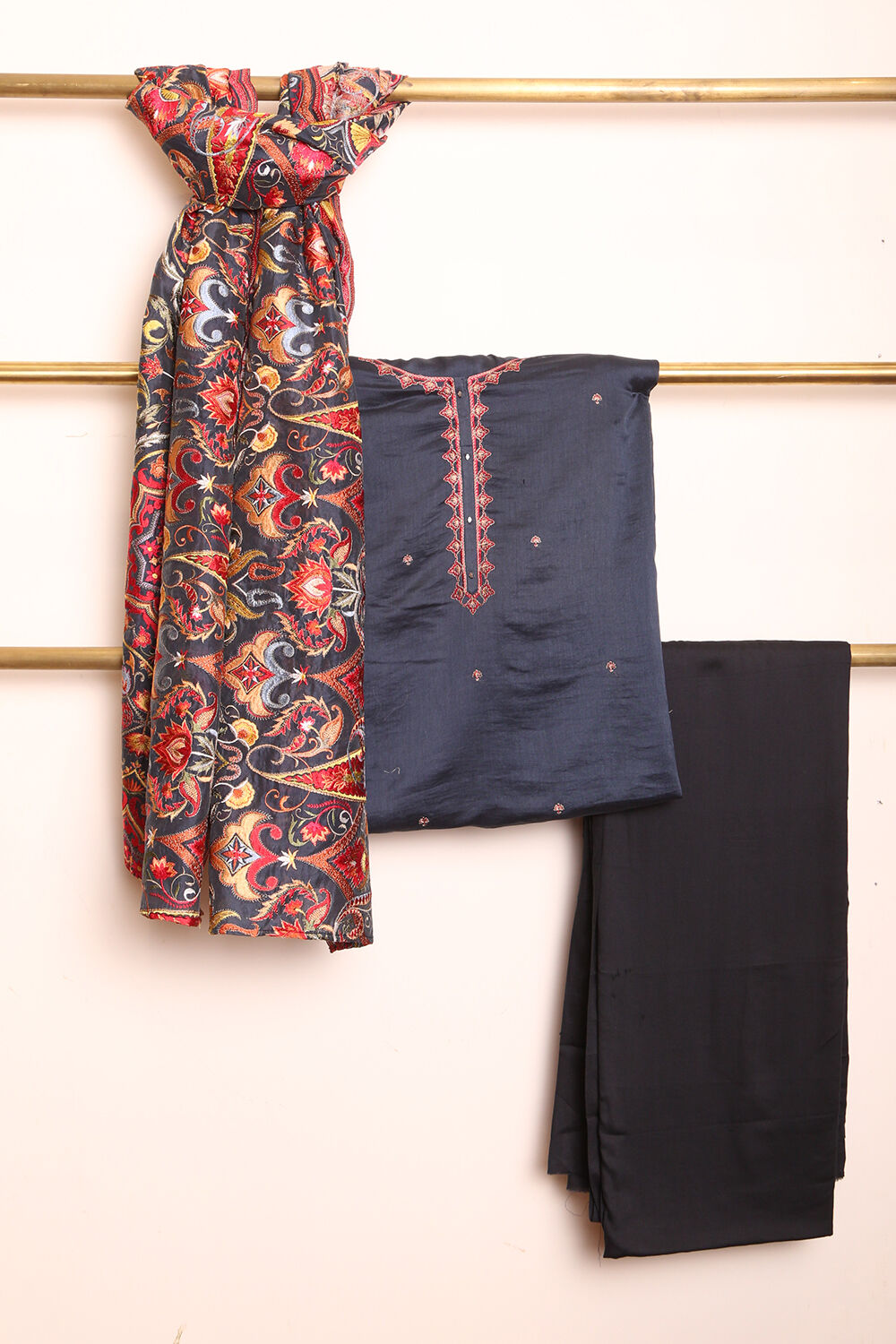 Dark Blue Embroidered Pure Silk Cotton Suit Set image number null