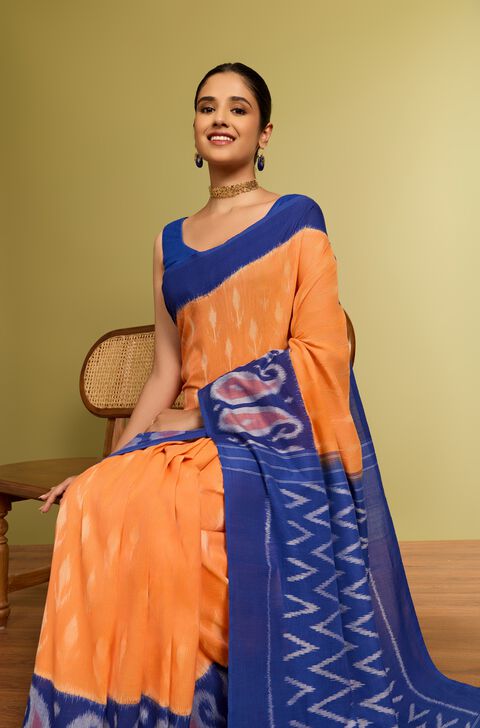Orange Pochampalli Pure Cotton Ikat Saree