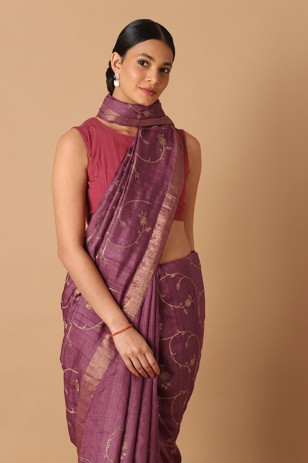 Dark Pure Pink Tussar Embroidered Saree image number null