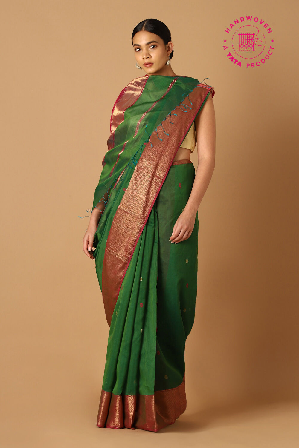 Dark Green Pure Silk Cotton Maheswari Saree image number null