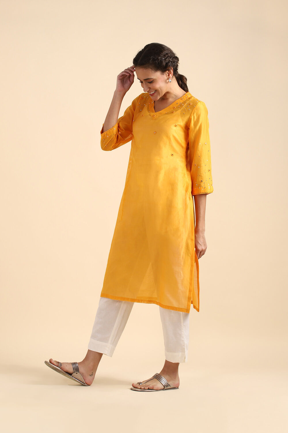 Light Orange Silk Cotton Embroidered Kurta image number null